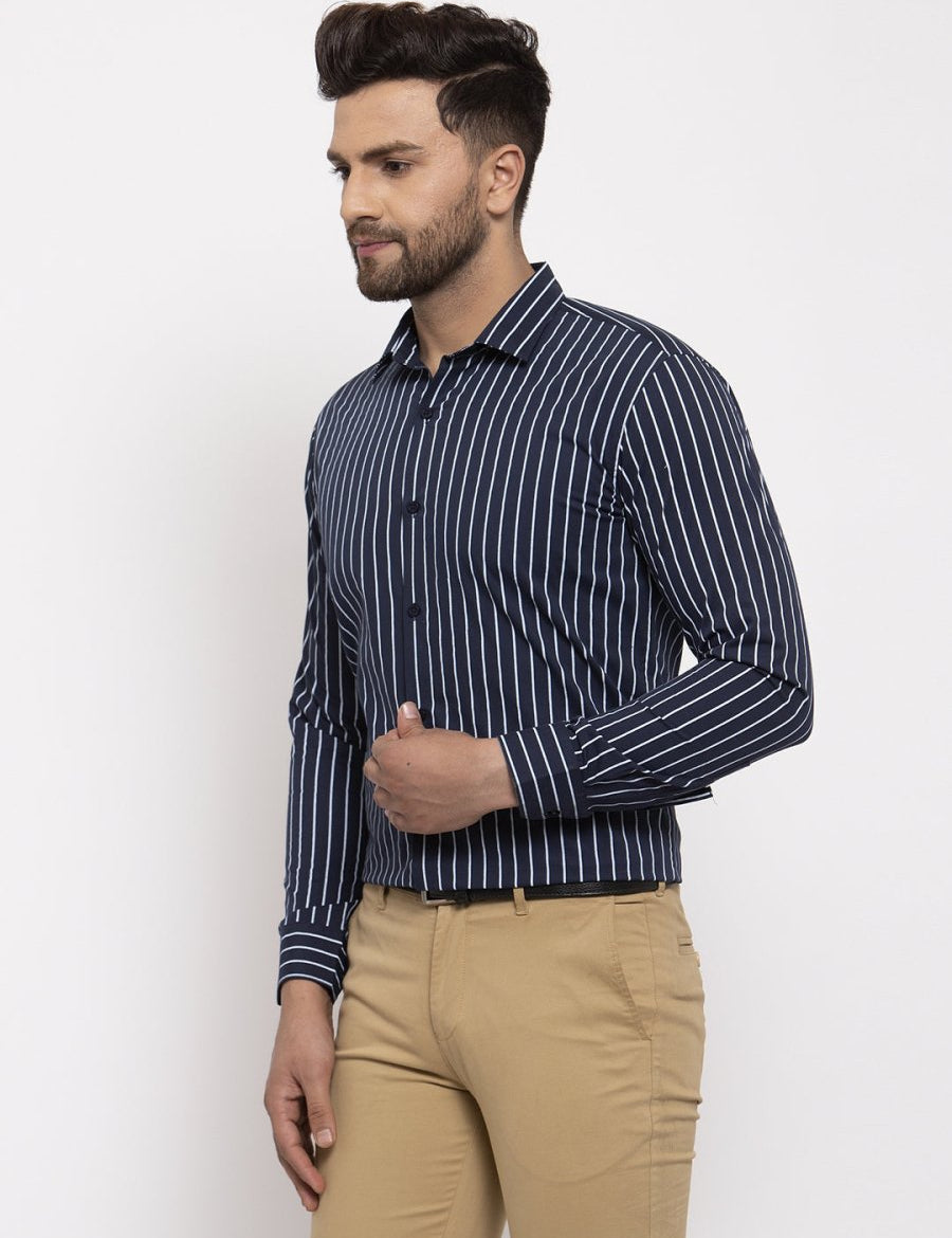 Indian Needle Navy Men's Cotton Striped Formal Shirt's - SF_770Navy_S