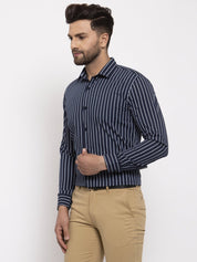 Indian Needle Navy Men's Cotton Striped Formal Shirt's - SF_770Navy_S