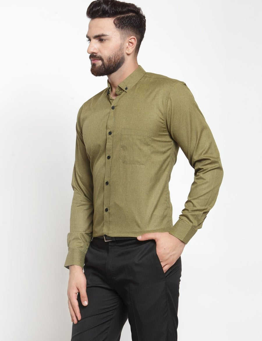 Indian Needle Olive Men's Cotton Solid Button Down Formal Shirts - SF_734Olive_S