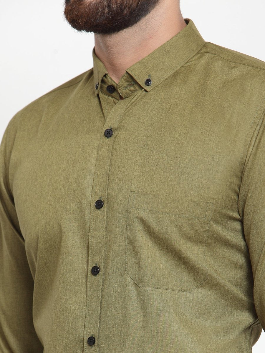 Indian Needle Olive Men's Cotton Solid Button Down Formal Shirts - SF_734Olive_S