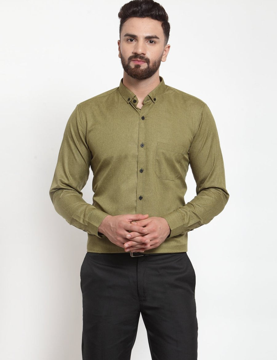 Indian Needle Olive Men's Cotton Solid Button Down Formal Shirts - SF_734Olive_S