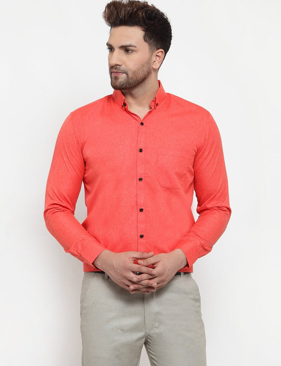 Indian Needle Orange Men's Cotton Solid Button Down Formal Shirts - SF_734Orange_S