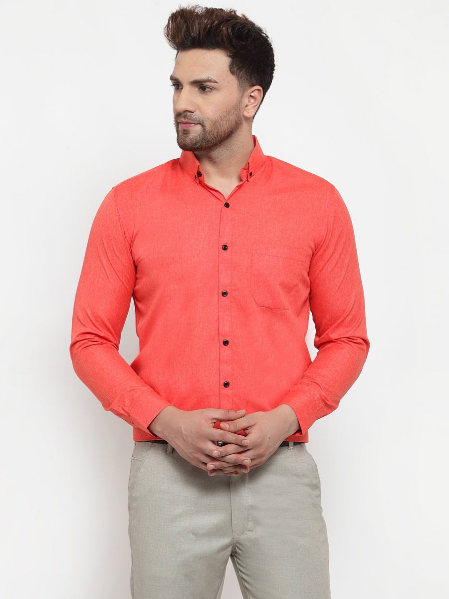 Indian Needle Orange Men's Cotton Solid Button Down Formal Shirts - SF_734Orange_S