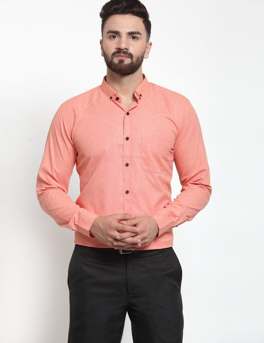 Indian Needle Peach Men's Cotton Solid Button Down Formal Shirts - SF_734Peach_S