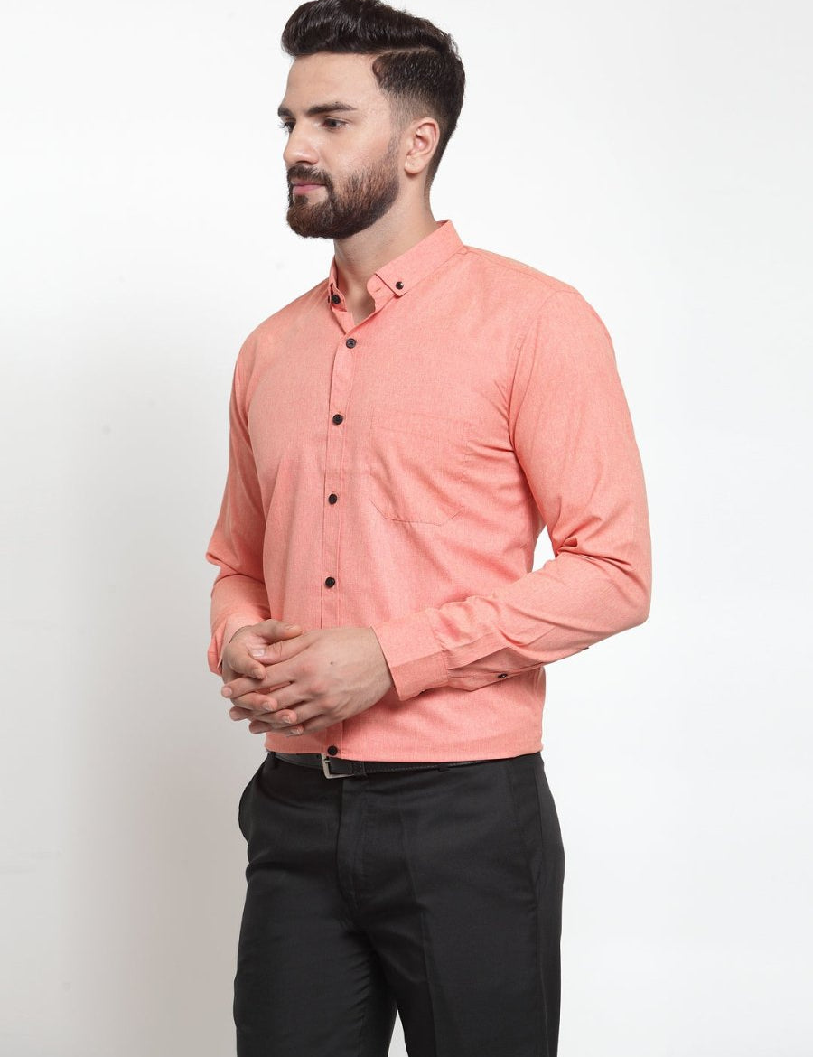 Indian Needle Peach Men's Cotton Solid Button Down Formal Shirts - SF_734Peach_S