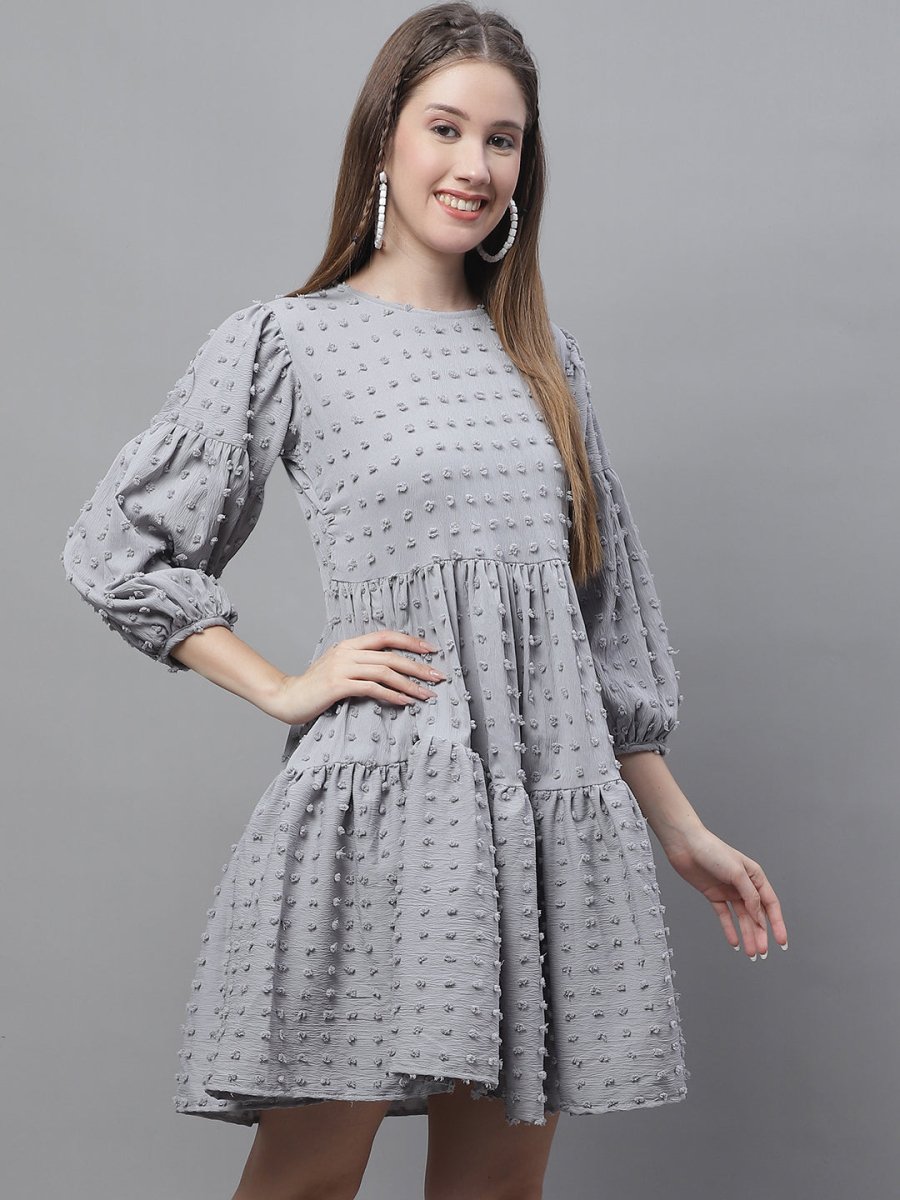 Indian Needle Peach Self Design Tiered Dress - JND_1005Grey_XS