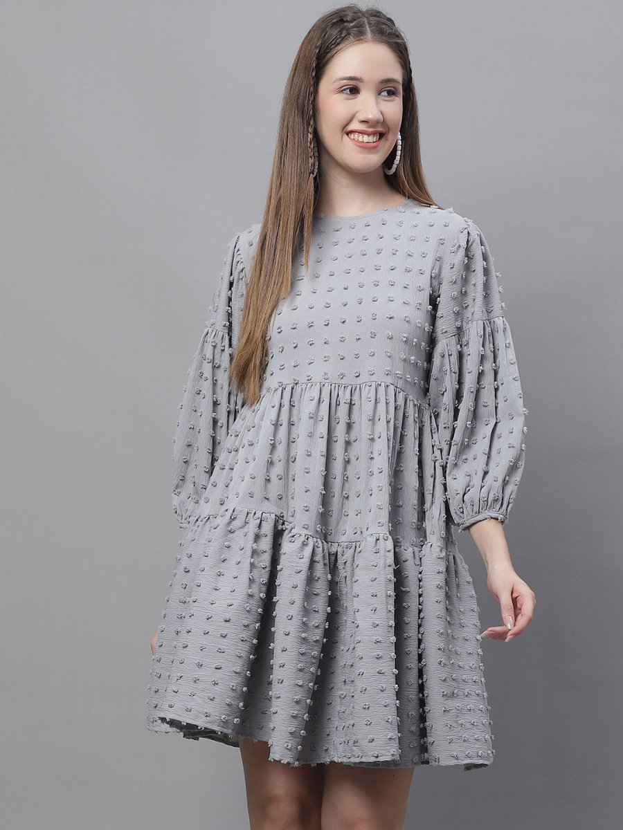 Indian Needle Peach Self Design Tiered Dress - JND_1005Grey_XS