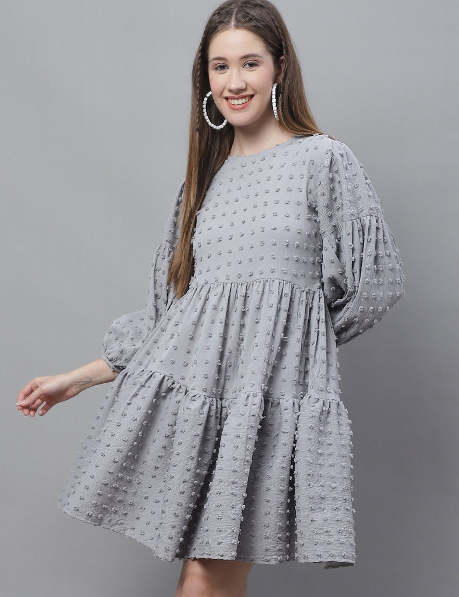 Indian Needle Peach Self Design Tiered Dress - JND_1005Grey_XS