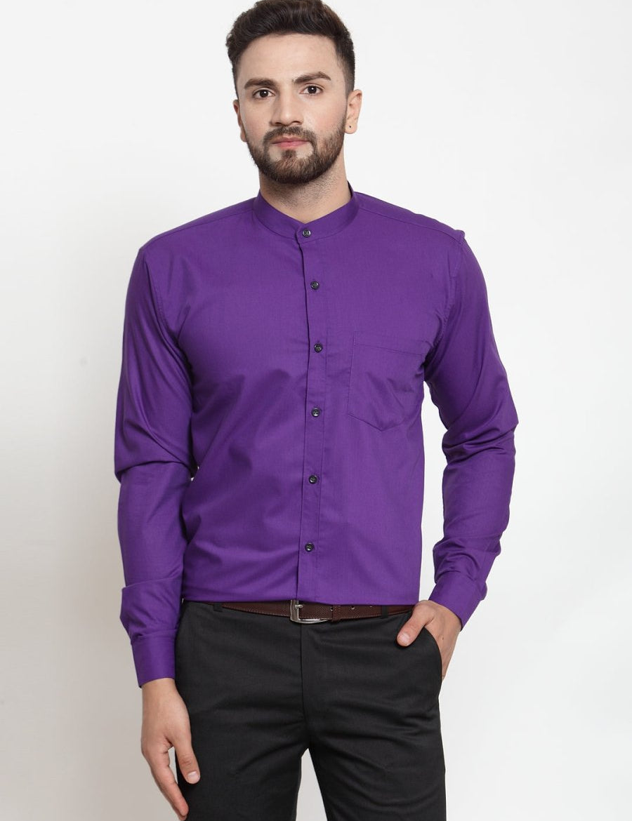 Indian Needle Purple Men's Cotton Solid Mandarin Collar Formal Shirts - SF_726Purple_S