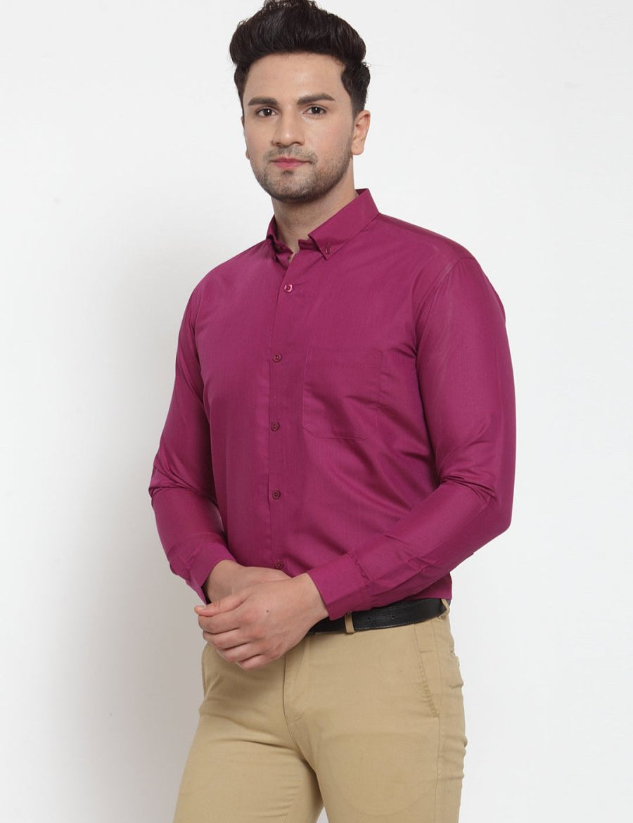 Indian Needle Red Men's Cotton Solid Button Down Formal Shirts - SF_713Magenta_S