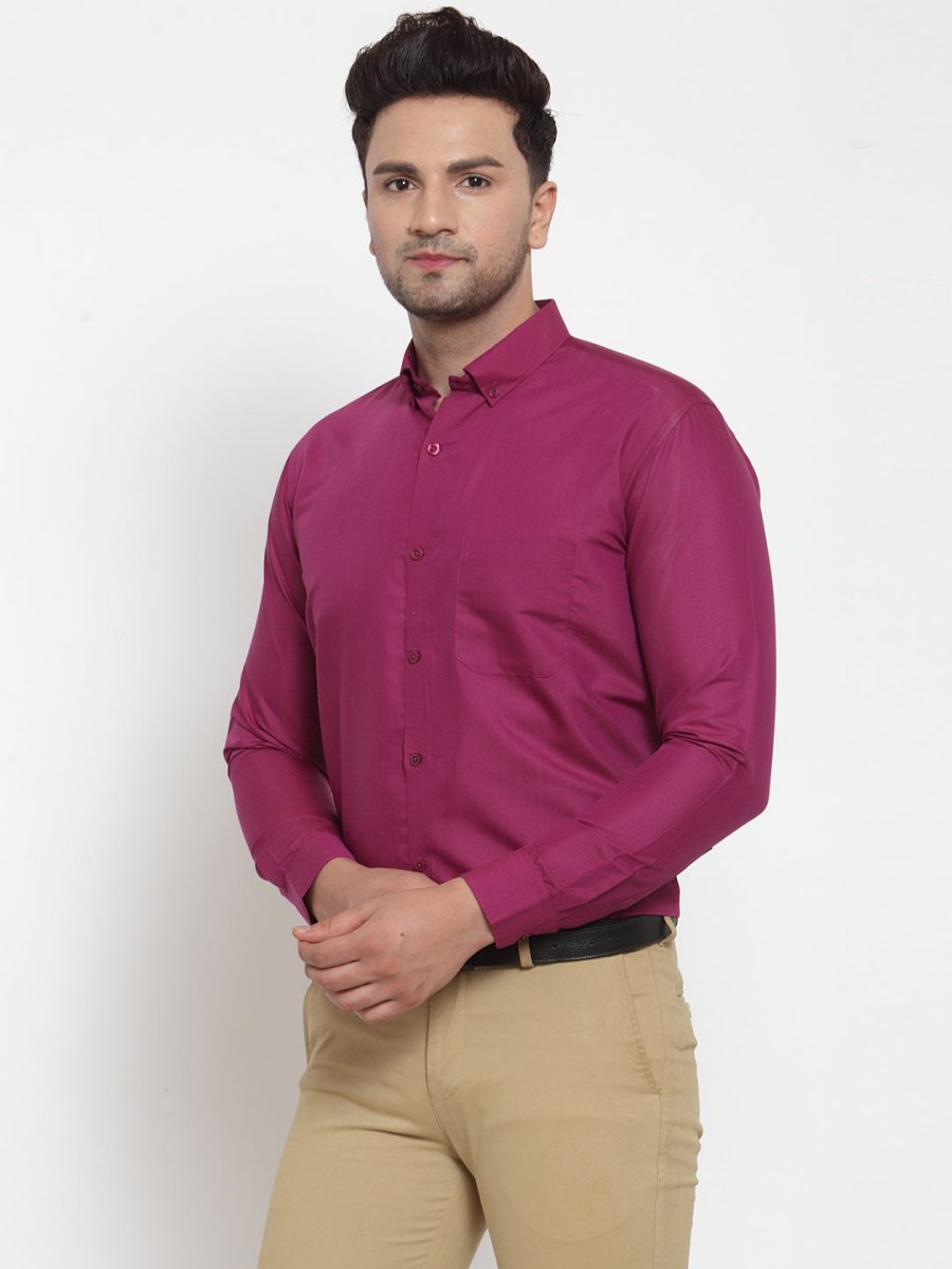 Indian Needle Red Men's Cotton Solid Button Down Formal Shirts - SF_713Magenta_S