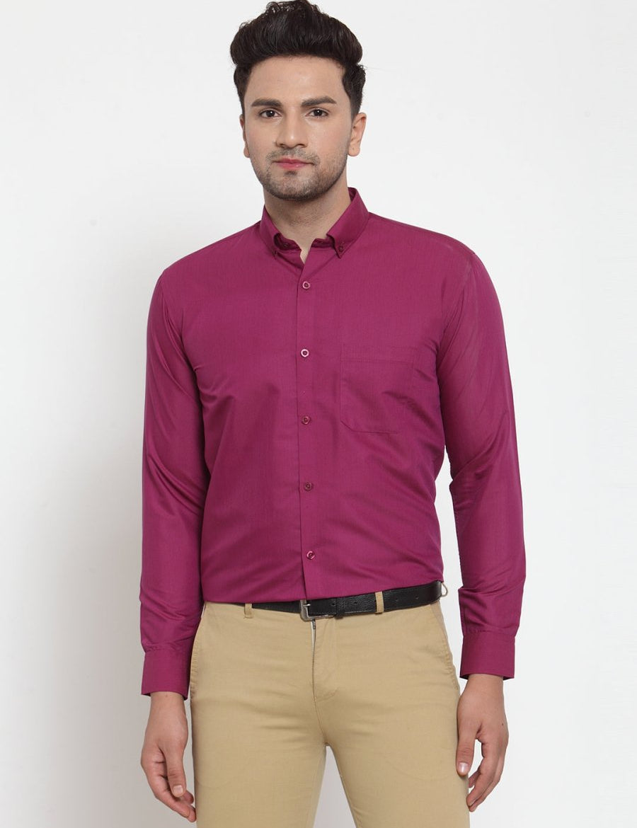 Indian Needle Red Men's Cotton Solid Button Down Formal Shirts - SF_713Magenta_S