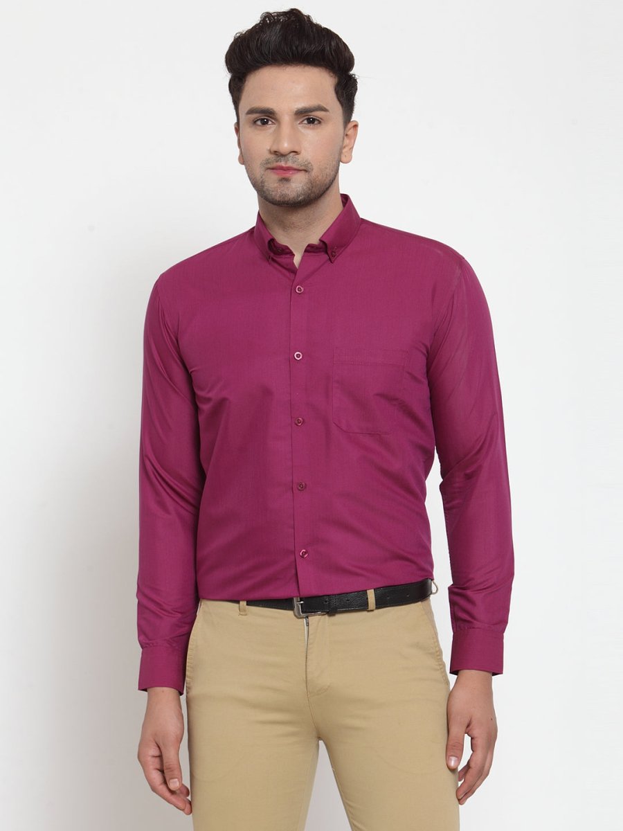 Indian Needle Red Men's Cotton Solid Button Down Formal Shirts - SF_713Magenta_S