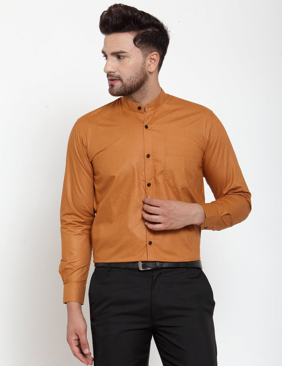 Indian Needle Rust Men's Cotton Solid Mandarin Collar Formal Shirts - SF_726Rust_S