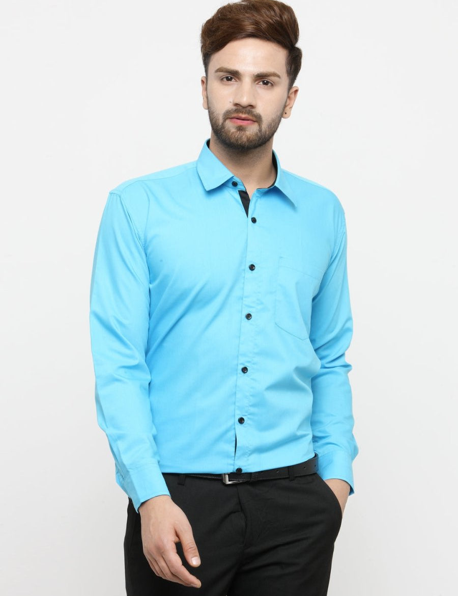 Indian Needle Sky Blue Formal Shirt with black detailing - SF_411Sky_S