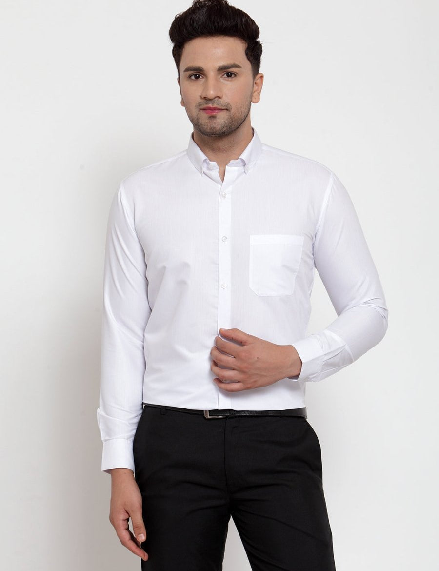Indian Needle White Men's Cotton Solid Button Down Formal Shirts - SF_713White_S