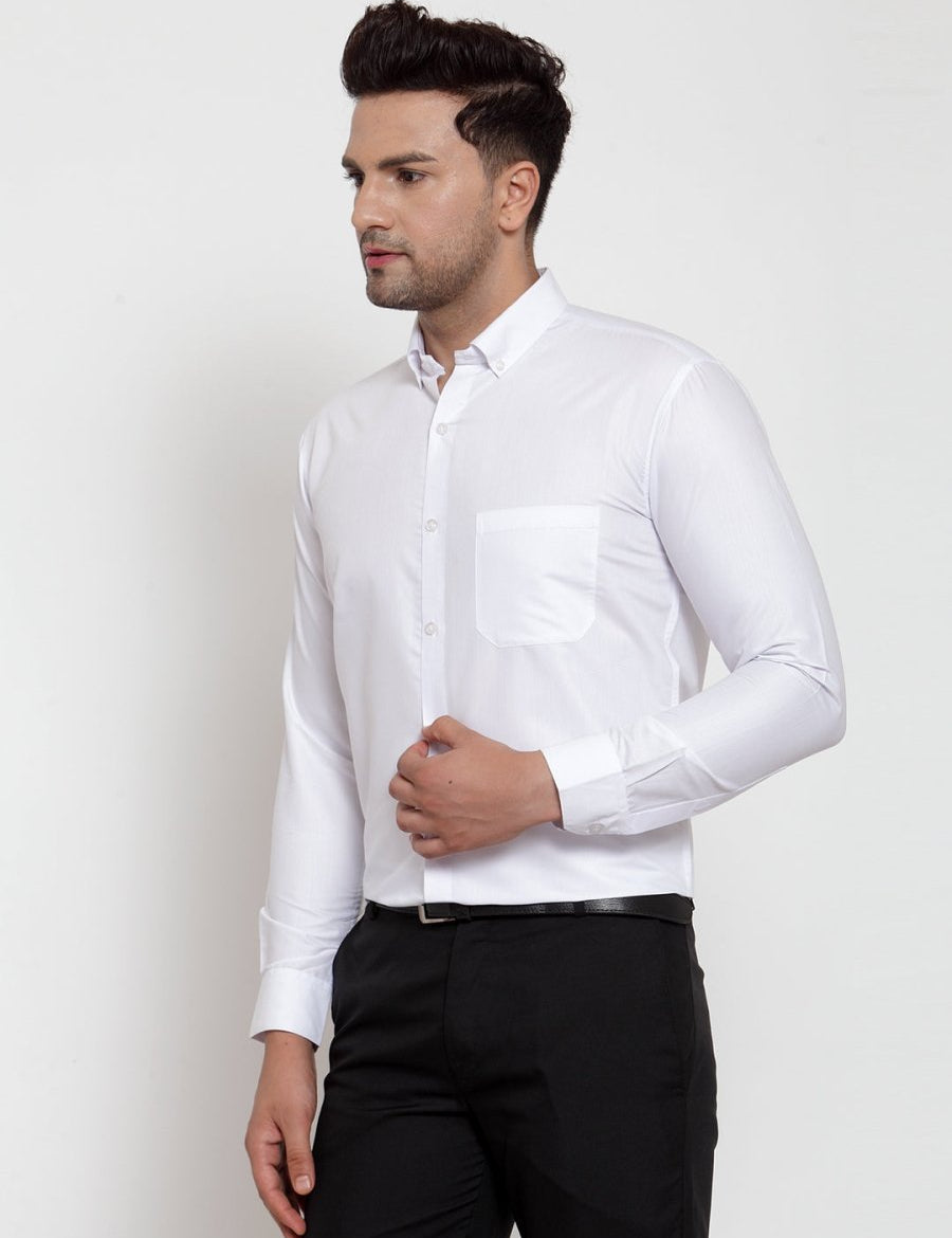 Indian Needle White Men's Cotton Solid Button Down Formal Shirts - SF_713White_S