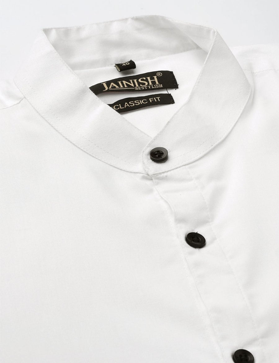 Indian Needle White Men's Cotton Solid Mandarin Collar Formal Shirts - SF_726White_S