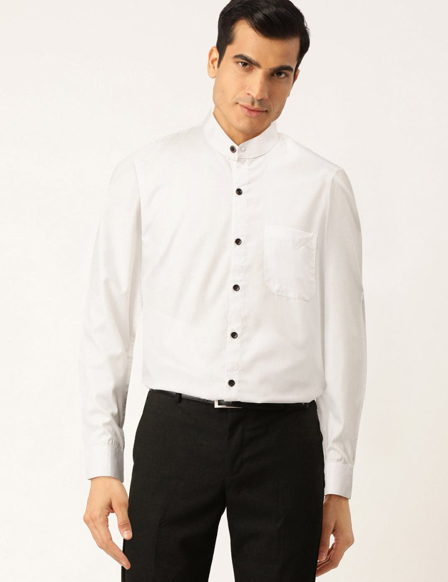 Indian Needle White Men's Cotton Solid Mandarin Collar Formal Shirts - SF_726White_S