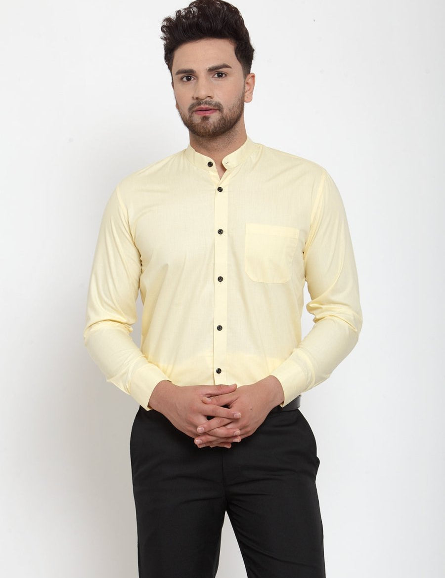 Indian Needle Yellow Men's Cotton Solid Mandarin Collar Formal Shirts - SF_726Lime_S