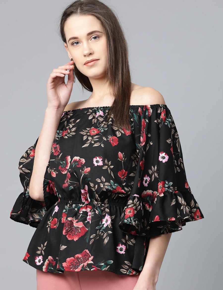 Jompers Women Black Printed Bardot Top - JOT_7003_Black_XS