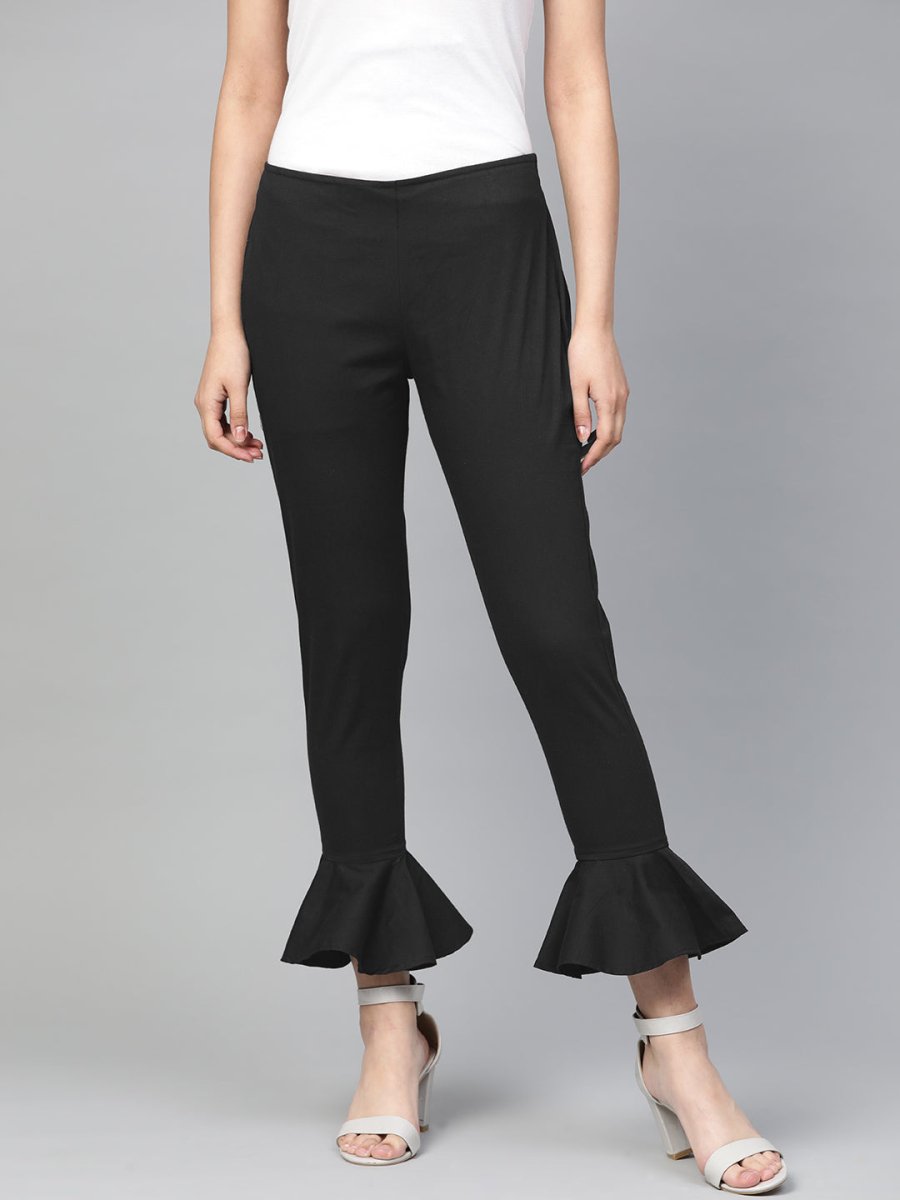Jompers Women Black Smart Slim Fit Solid Bottom Flared Trousers - JOP_2128_Black_S