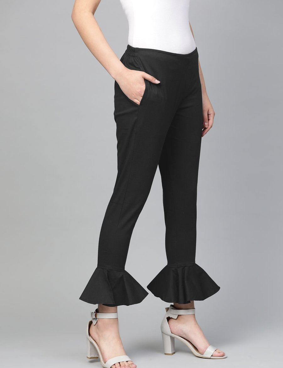 Jompers Women Black Smart Slim Fit Solid Bottom Flared Trousers - JOP_2128_Black_S