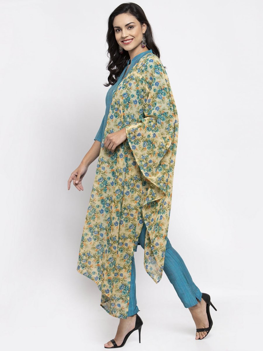 Jompers Women Blue & Green Self-Striped Kurta with Trousers & Floral Georgette Dupatta - JOKS_D3B_1310_Blue_S