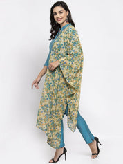 Jompers Women Blue & Green Self-Striped Kurta with Trousers & Floral Georgette Dupatta - JOKS_D3B_1310_Blue_S