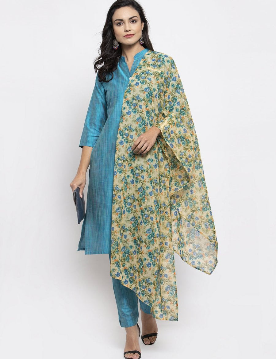 Jompers Women Blue & Green Self-Striped Kurta with Trousers & Floral Georgette Dupatta - JOKS_D3B_1310_Blue_S