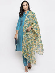 Jompers Women Blue & Green Self-Striped Kurta with Trousers & Floral Georgette Dupatta - JOKS_D3B_1310_Blue_S