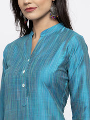 Jompers Women Blue & Green Self-Striped Kurta with Trousers & Floral Georgette Dupatta - JOKS_D3B_1310_Blue_S