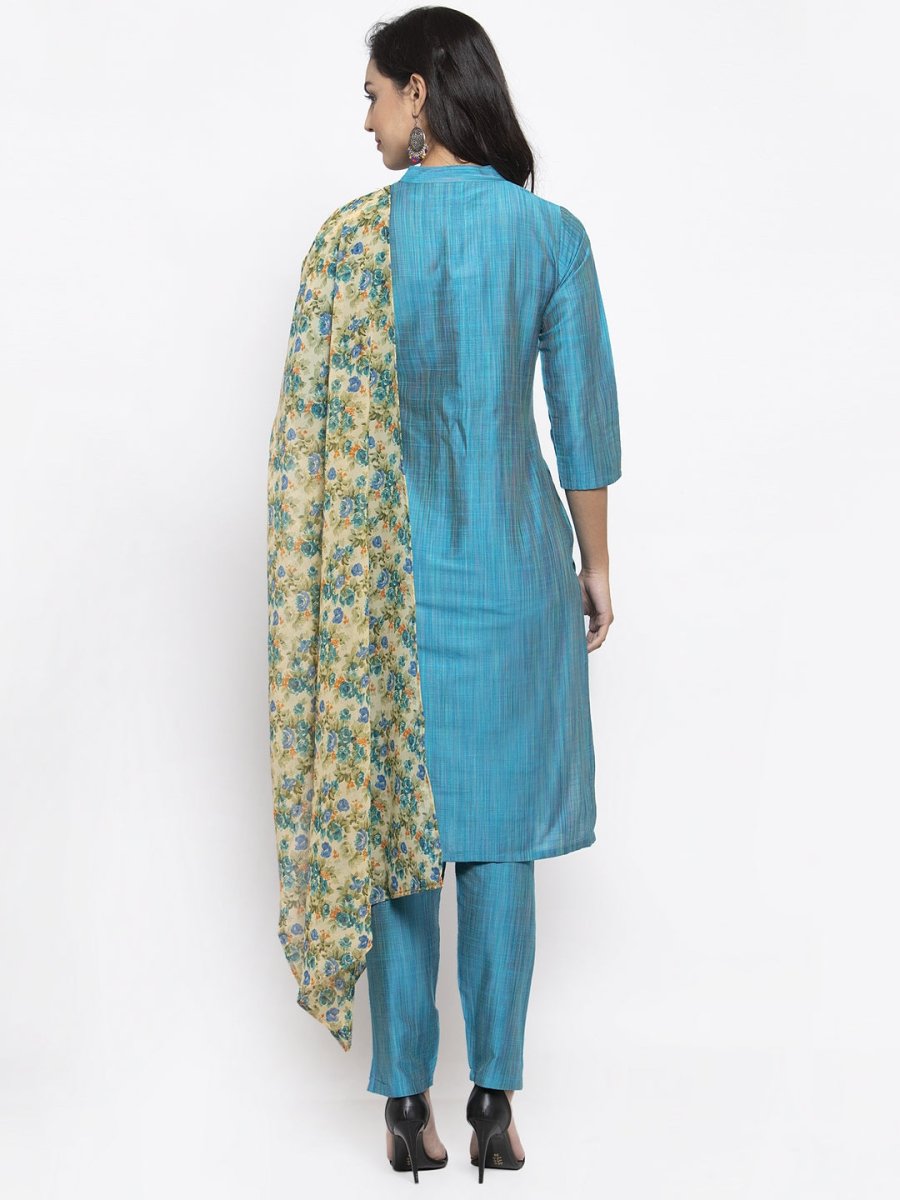 Jompers Women Blue & Green Self-Striped Kurta with Trousers & Floral Georgette Dupatta - JOKS_D3B_1310_Blue_S