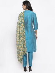 Jompers Women Blue & Green Self-Striped Kurta with Trousers & Floral Georgette Dupatta - JOKS_D3B_1310_Blue_S