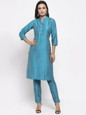Jompers Women Blue & Green Self-Striped Kurta with Trousers - JOKS_1310_Blue_S