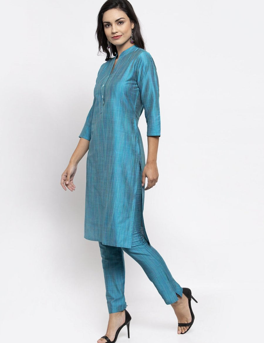 Jompers Women Blue & Green Self-Striped Kurta with Trousers - JOKS_1310_Blue_S