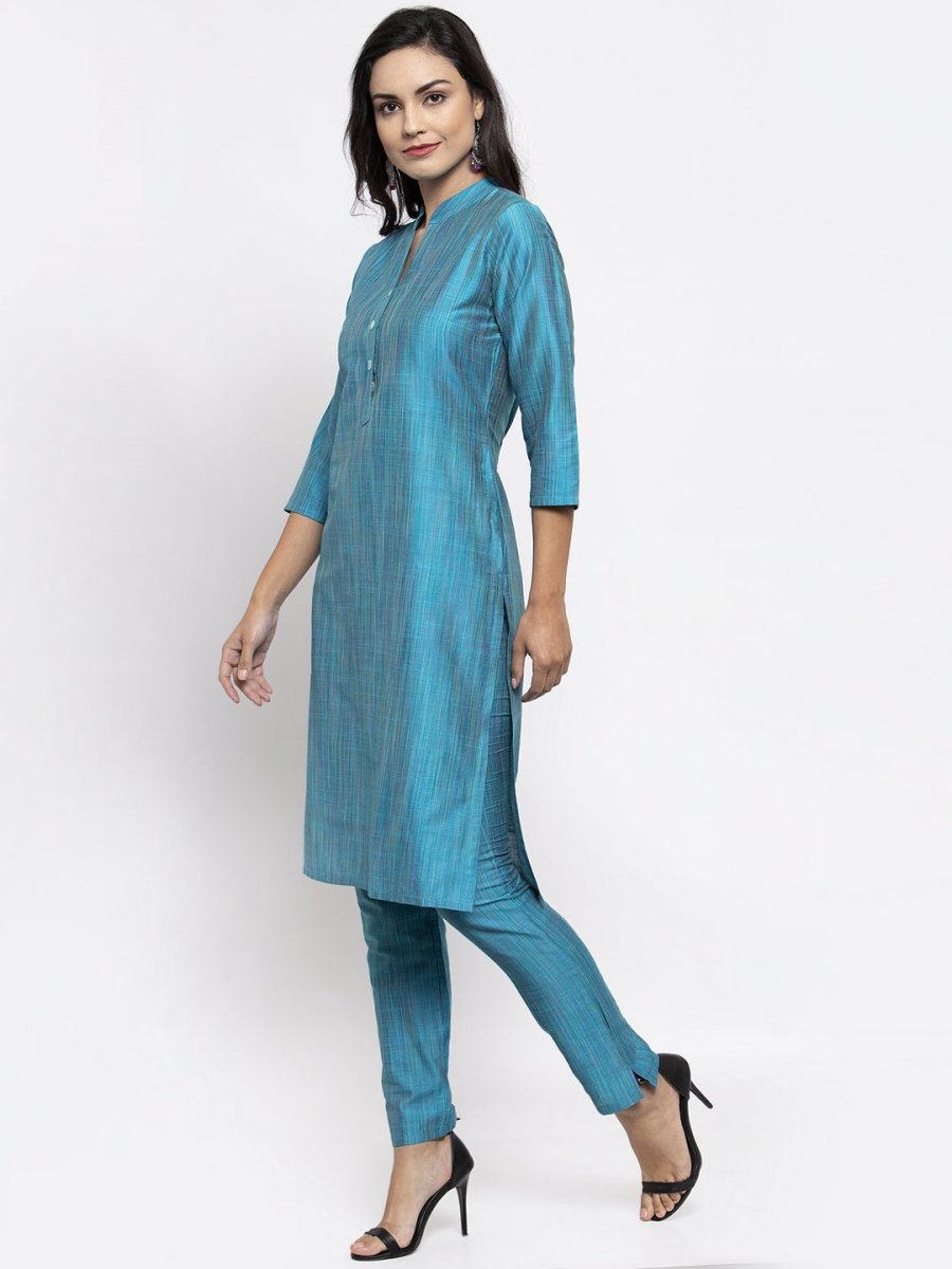 Jompers Women Blue & Green Self-Striped Kurta with Trousers - JOKS_1310_Blue_S