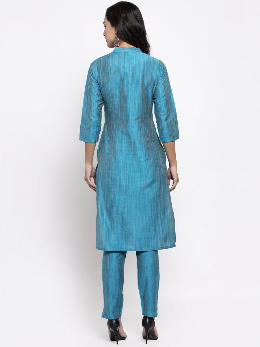 Jompers Women Blue & Green Self-Striped Kurta with Trousers - JOKS_1310_Blue_S