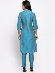 Jompers Women Blue & Green Self-Striped Kurta with Trousers - JOKS_1310_Blue_S
