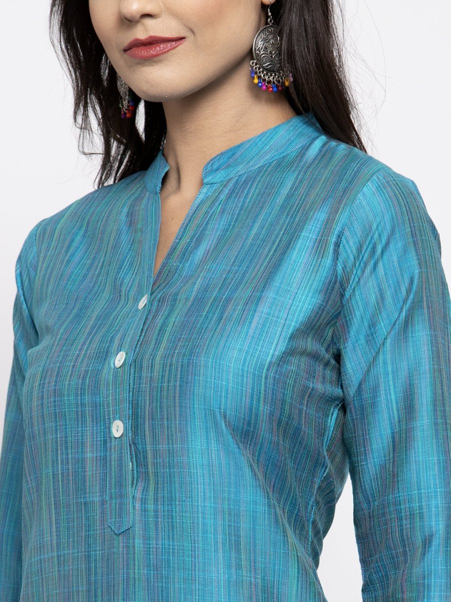 Jompers Women Blue & Green Self-Striped Kurta with Trousers - JOKS_1310_Blue_S