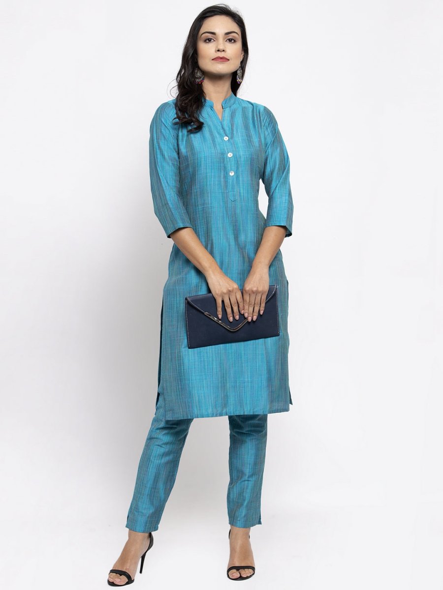 Jompers Women Blue & Green Self-Striped Kurta with Trousers - JOKS_1310_Blue_S