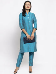 Jompers Women Blue & Green Self-Striped Kurta with Trousers - JOKS_1310_Blue_S