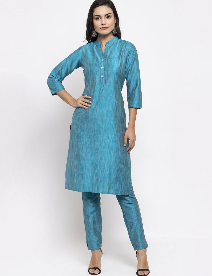 Jompers Women Blue & Green Self-Striped Kurta with Trousers & Printed Dupatta - JOKS_D1B_1310_Blue_S