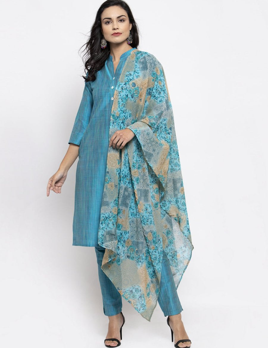 Jompers Women Blue & Green Self-Striped Kurta with Trousers & Printed Dupatta - JOKS_D1B_1310_Blue_S
