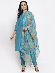 Jompers Women Blue & Green Self-Striped Kurta with Trousers & Printed Dupatta - JOKS_D1B_1310_Blue_S