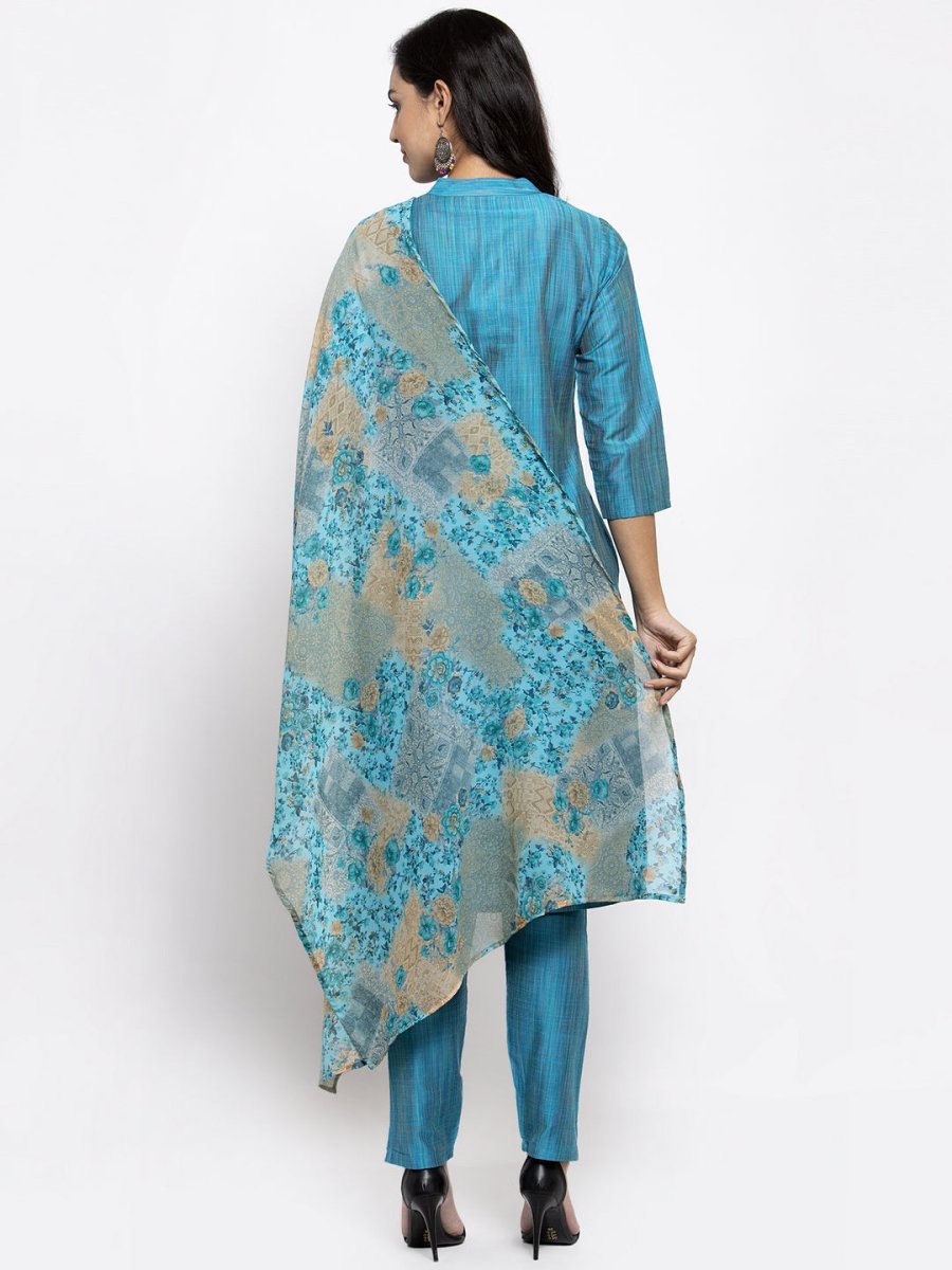 Jompers Women Blue & Green Self-Striped Kurta with Trousers & Printed Dupatta - JOKS_D1B_1310_Blue_S
