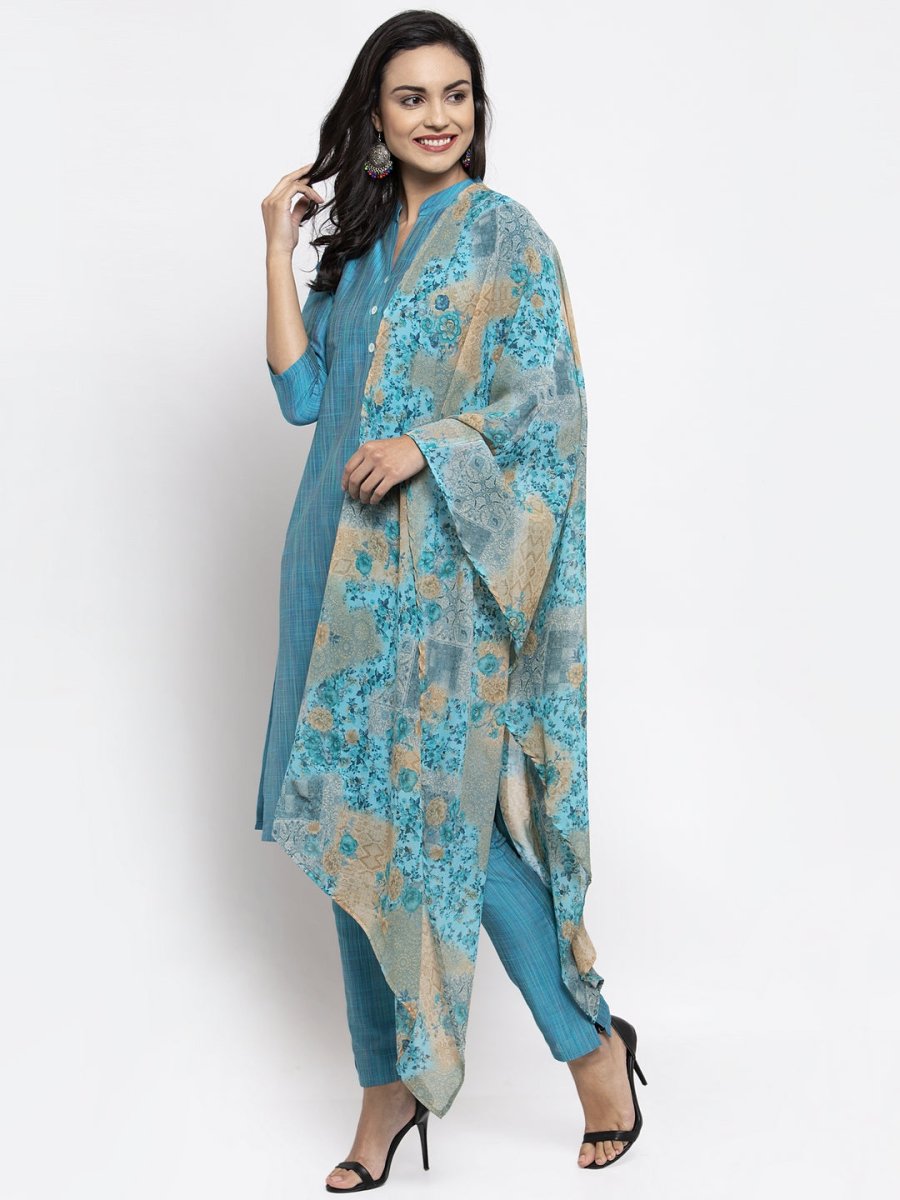 Jompers Women Blue & Green Self-Striped Kurta with Trousers & Printed Dupatta - JOKS_D1B_1310_Blue_S