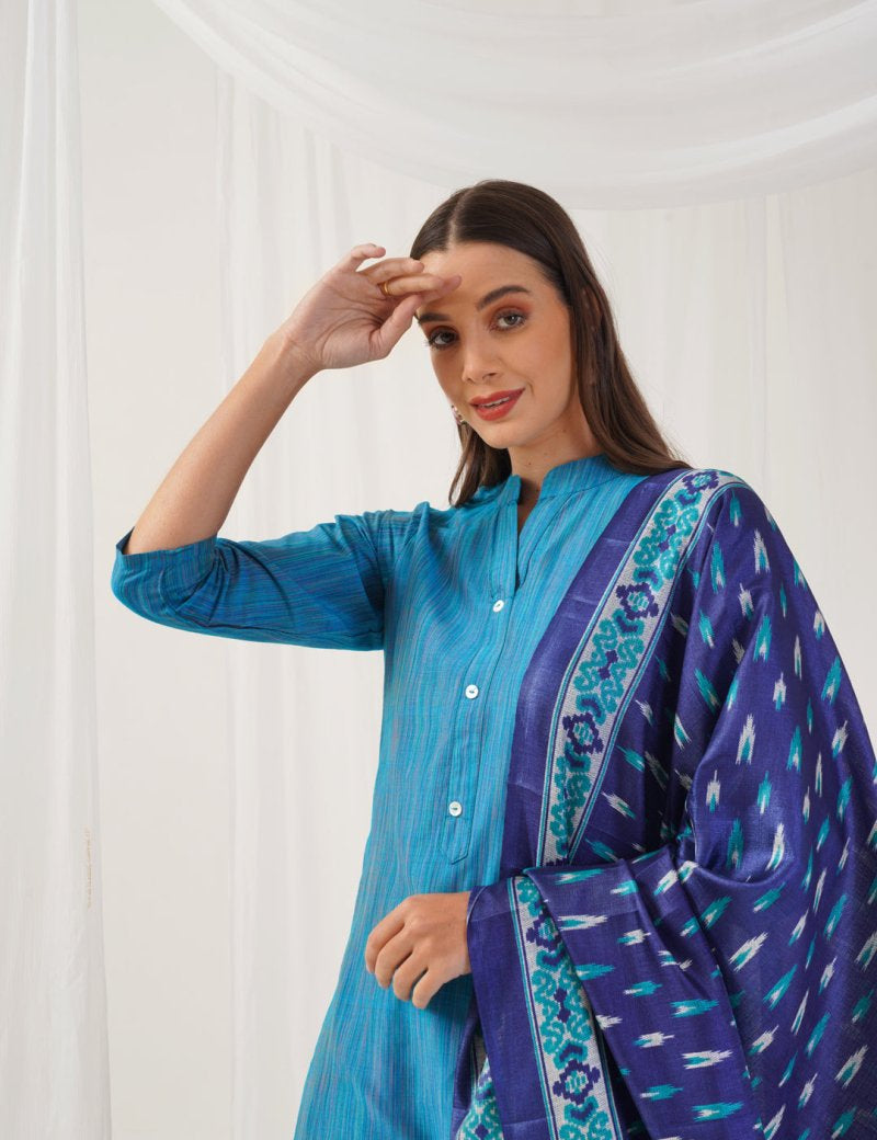 Jompers Women Blue & Green Self-Striped Kurta with Trousers & Printed0Art Silk Dupatta - JOKS_D8NB_1310_Blue_S
