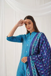 Jompers Women Blue & Green Self-Striped Kurta with Trousers & Printed0Art Silk Dupatta - JOKS_D8NB_1310_Blue_S