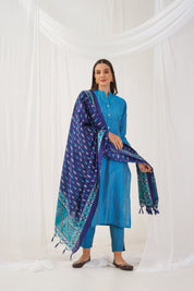 Jompers Women Blue & Green Self-Striped Kurta with Trousers & Printed0Art Silk Dupatta - JOKS_D8NB_1310_Blue_S